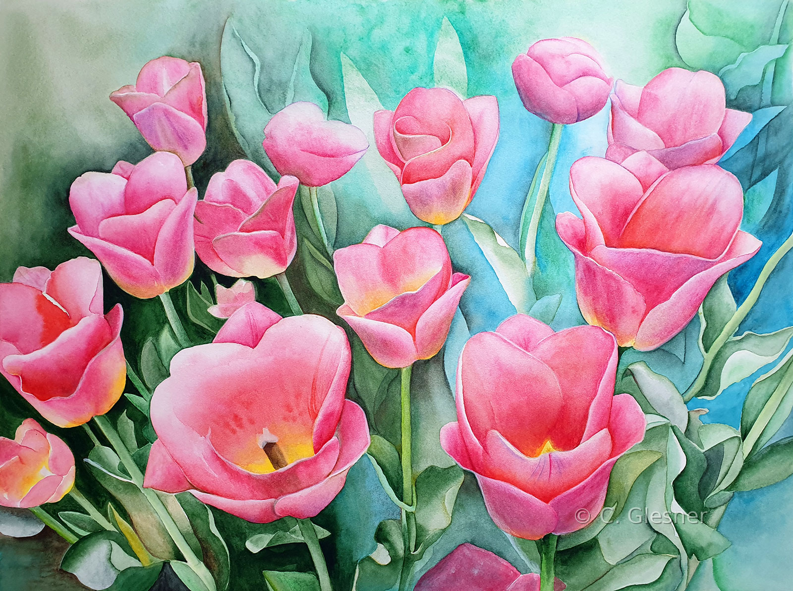 Rote Tulpenwiese, Aquarell