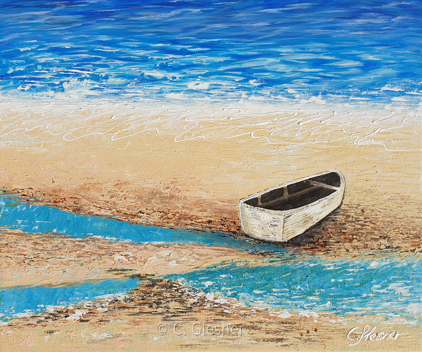 Gestrandet, Boot, Acryl auf Leinwand, Auftragsmalerei
