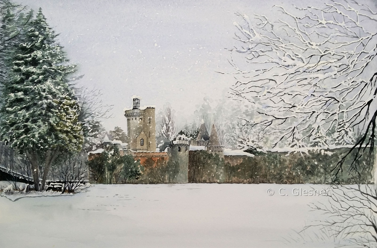 Schloss Laxenburg im Schnee, Aquarell